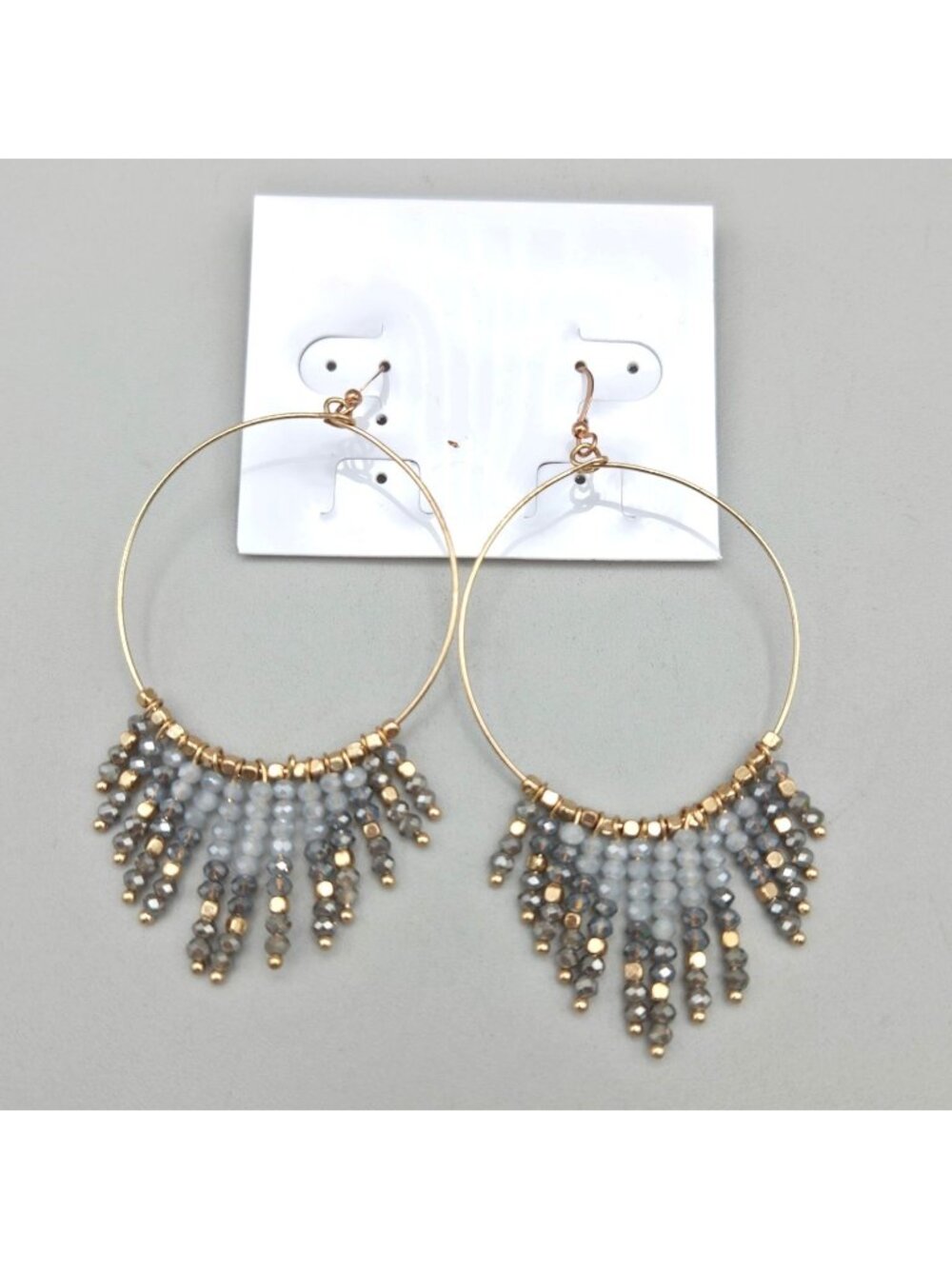 Beaded Hoop Earrings Gold Gray Glass Metal Accents Lightweight Dangle Design